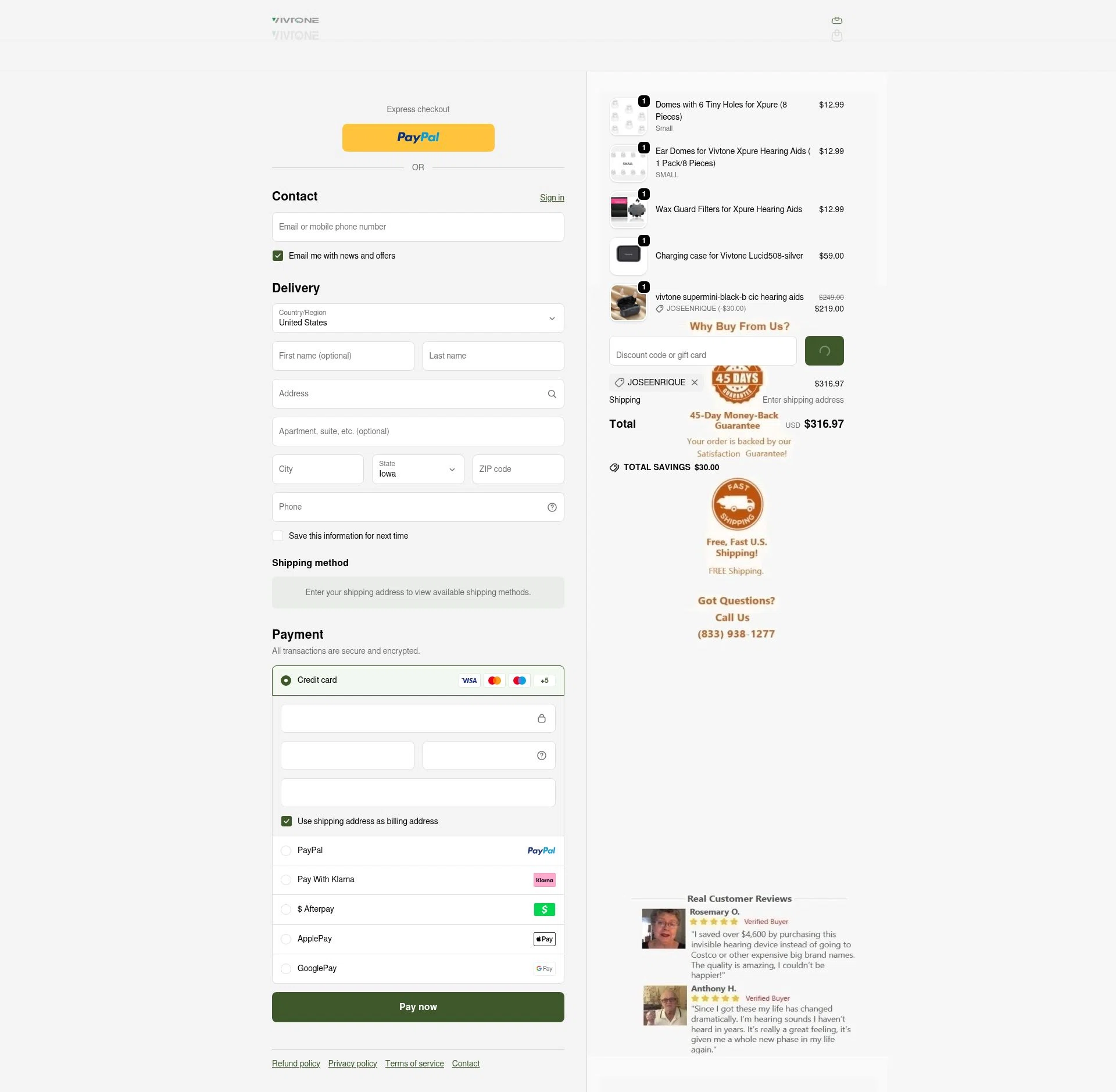 Vivtone Hearing checkout page showing Vivtone Hearing promo code box | Screenshot taken by SimplyCodes community member on Jan 7, 2026