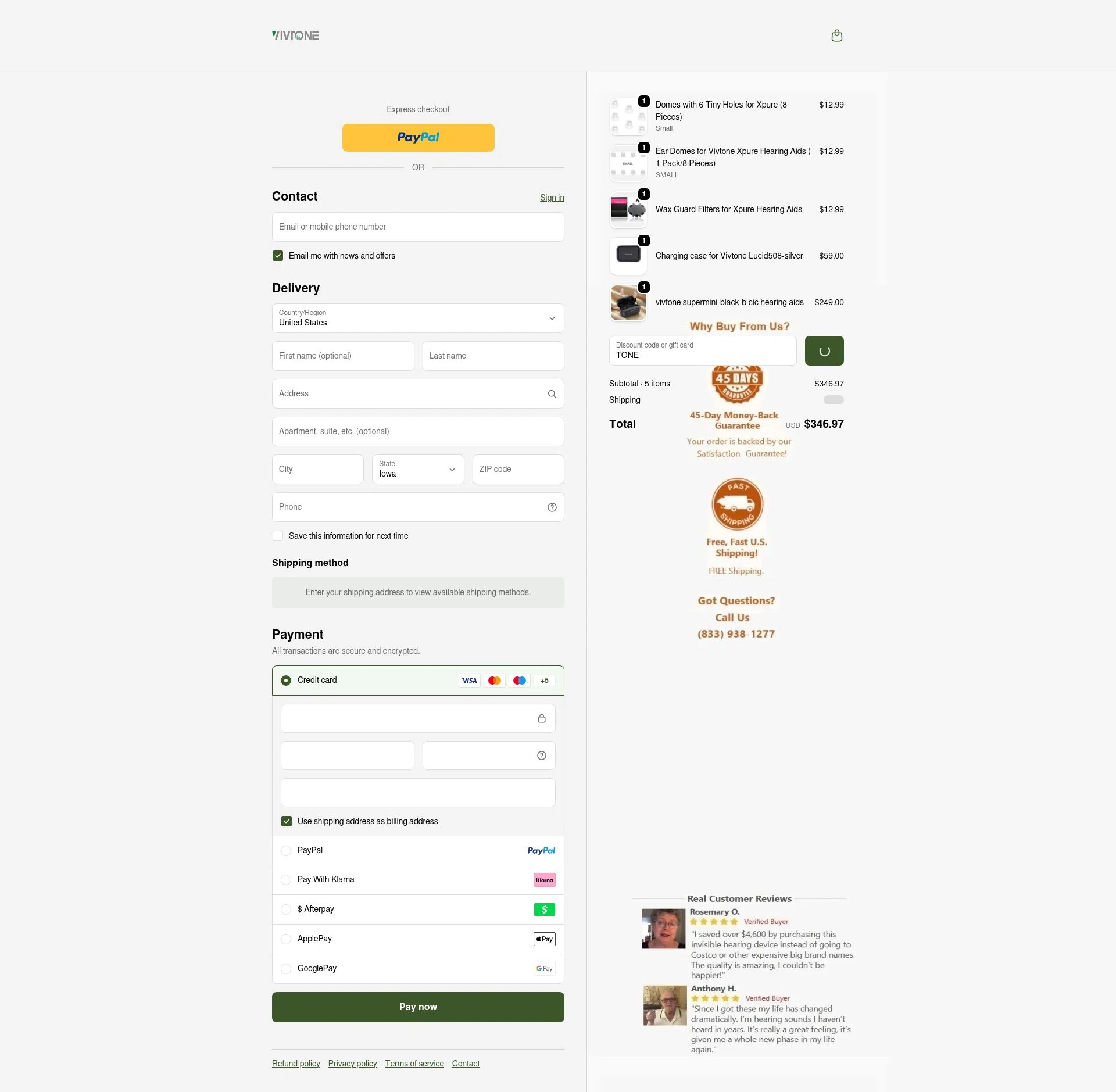 Vivtone Hearing checkout page showing Vivtone Hearing promo code box | Screenshot taken by SimplyCodes community member on Jan 7, 2026