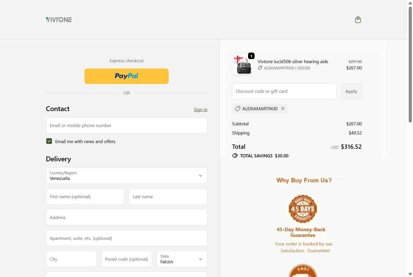Vivtone Hearing checkout page showing Vivtone Hearing promo code box | Screenshot taken by SimplyCodes community member on Jan 11, 2026