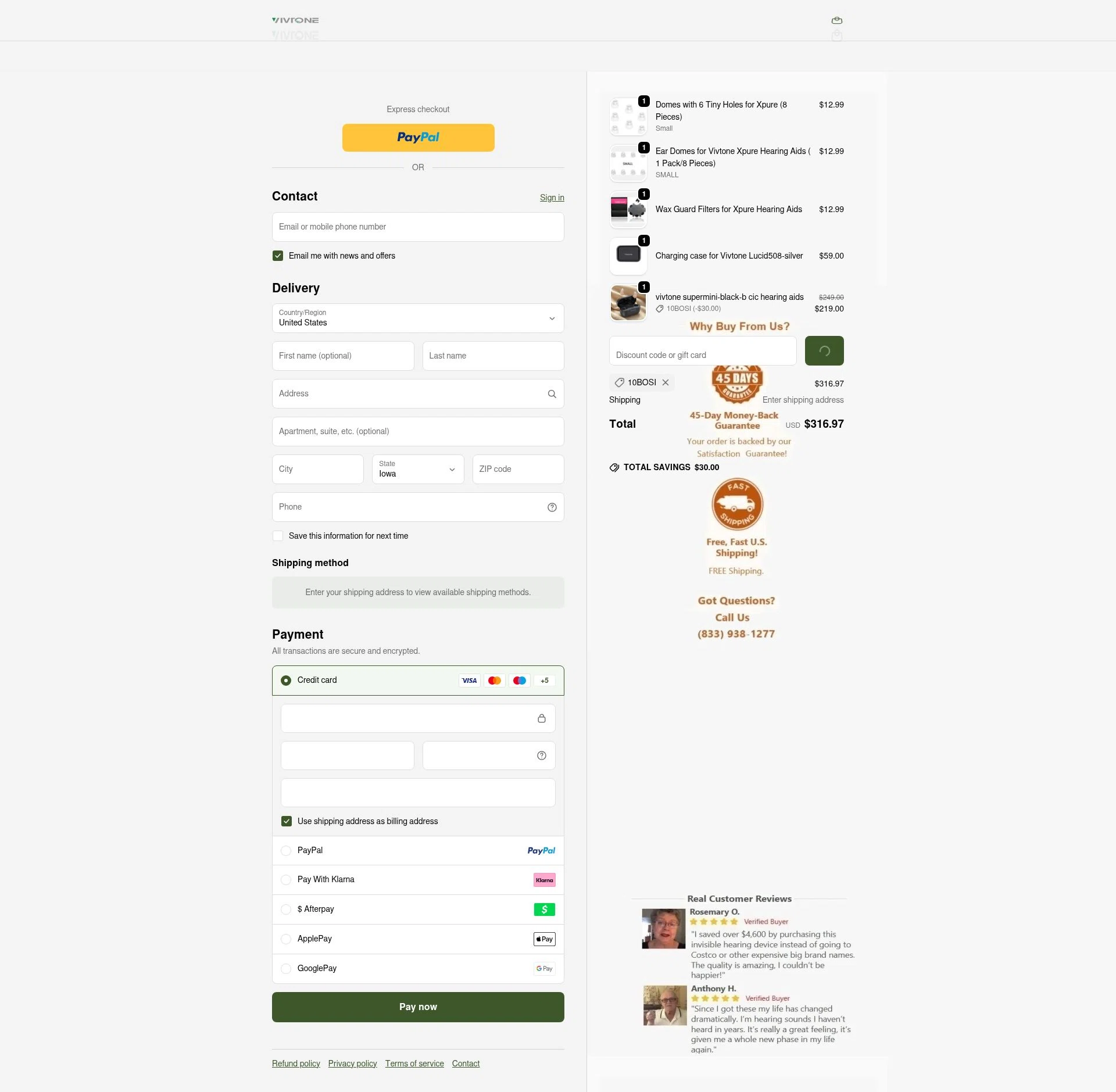 Vivtone Hearing checkout page showing Vivtone Hearing promo code box | Screenshot taken by SimplyCodes community member on Jan 7, 2026