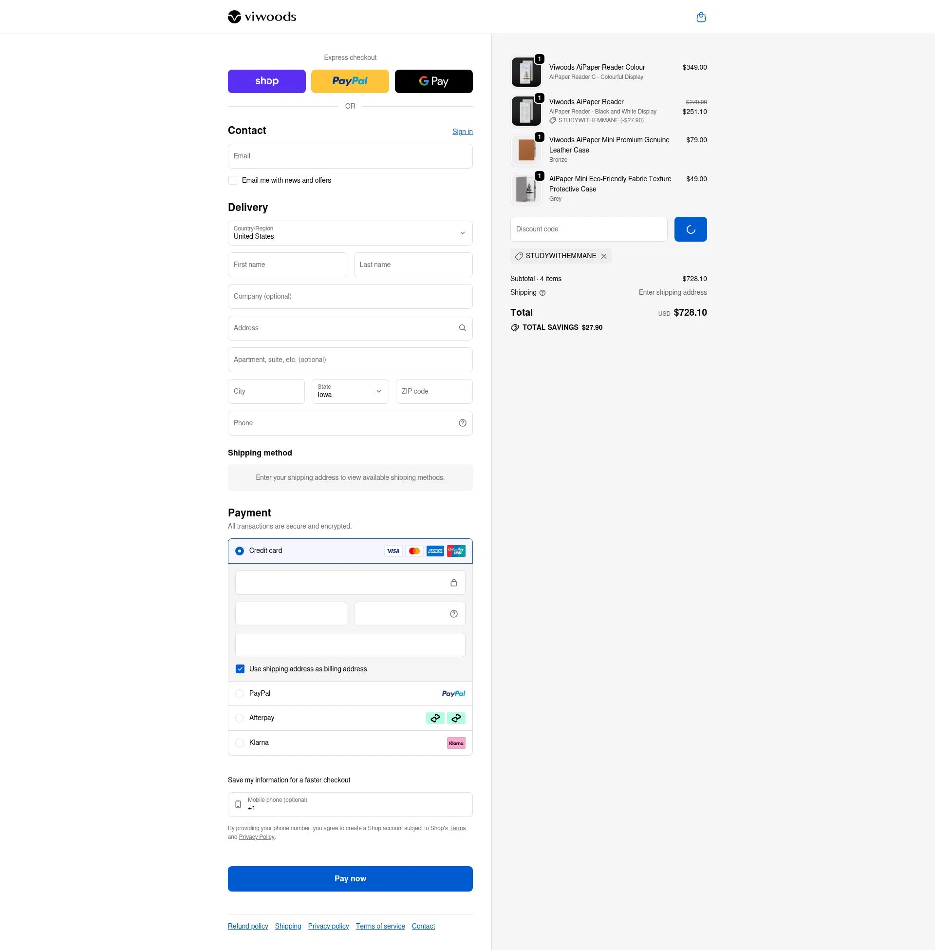 Viwoods checkout page showing Viwoods discount code box | Screenshot taken by SimplyCodes community member on Feb 1, 2026
