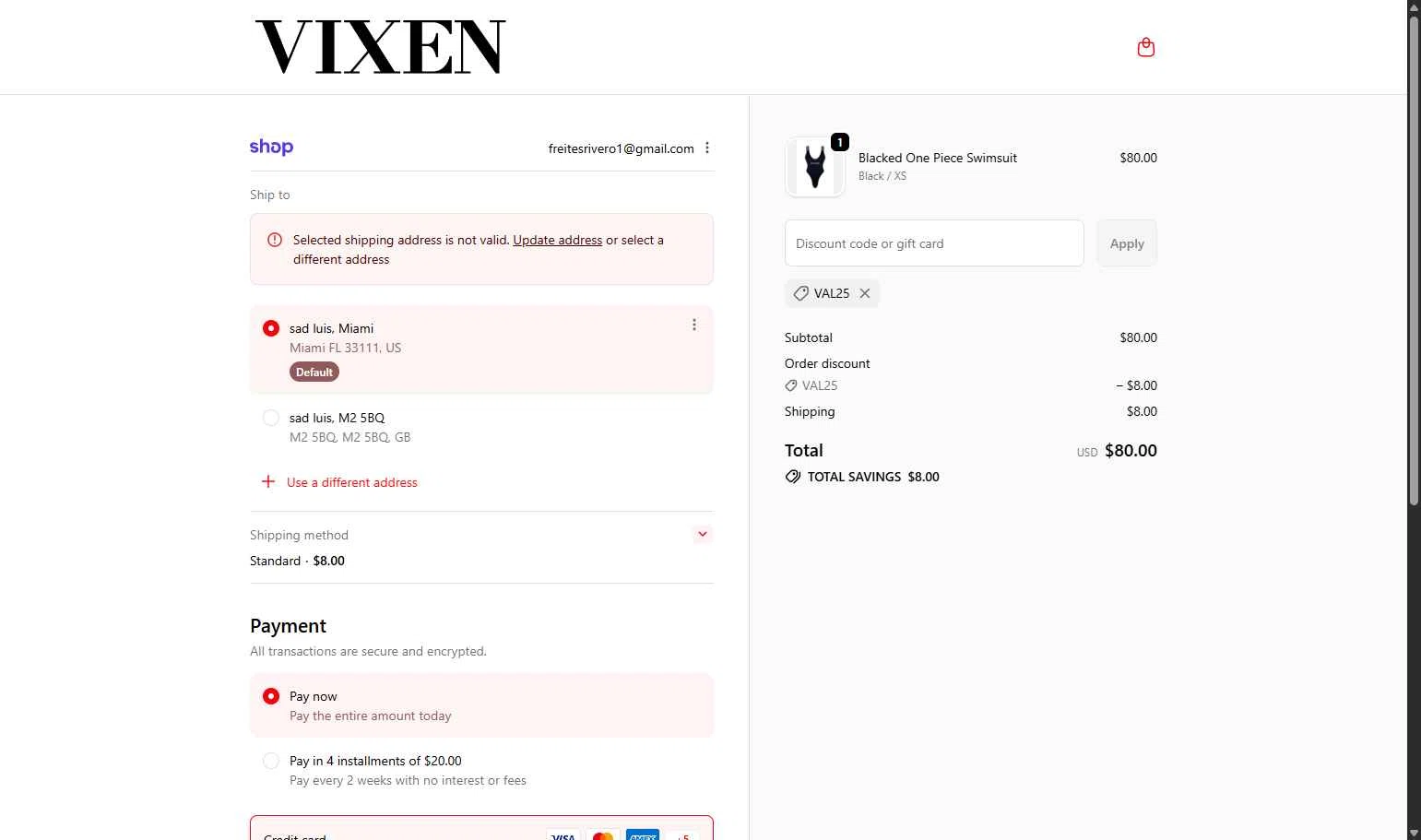 Vixen Brand checkout page showing Vixen Brand promo code box | Screenshot taken by SimplyCodes community member on Feb 10, 2026
