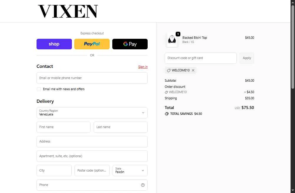 Vixen Brand checkout page showing Vixen Brand promo code box | Screenshot taken by SimplyCodes community member on Feb 13, 2026