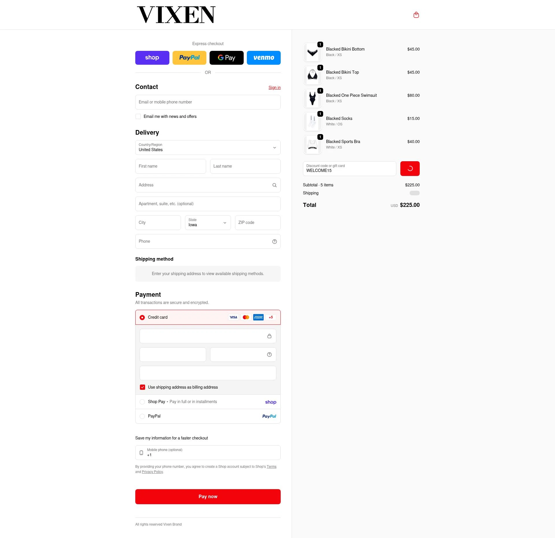 Vixen Brand checkout page showing Vixen Brand promo code box | Screenshot taken by SimplyCodes community member on Feb 8, 2026