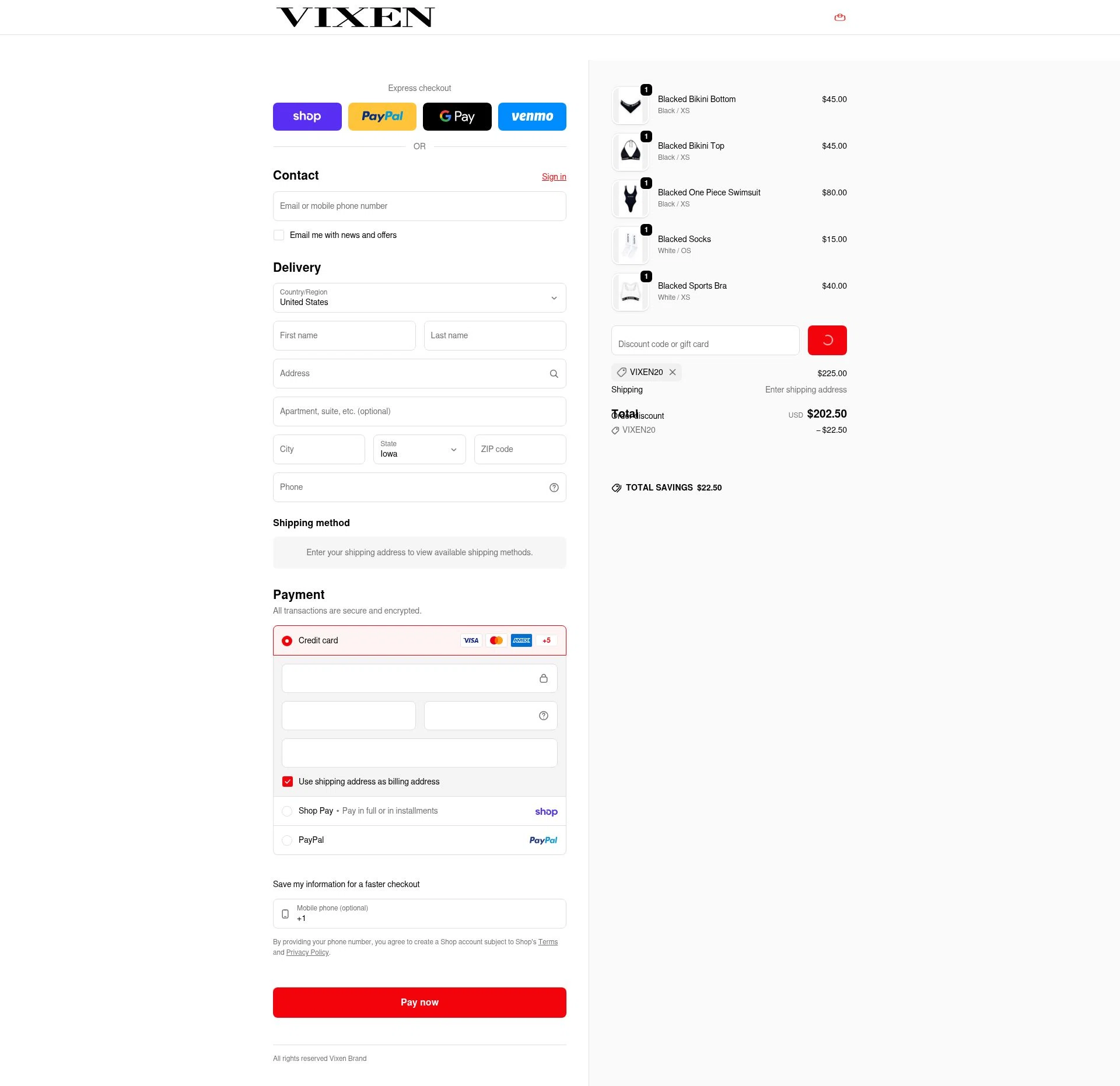 Vixen Brand checkout page showing Vixen Brand promo code box | Screenshot taken by SimplyCodes community member on Feb 8, 2026