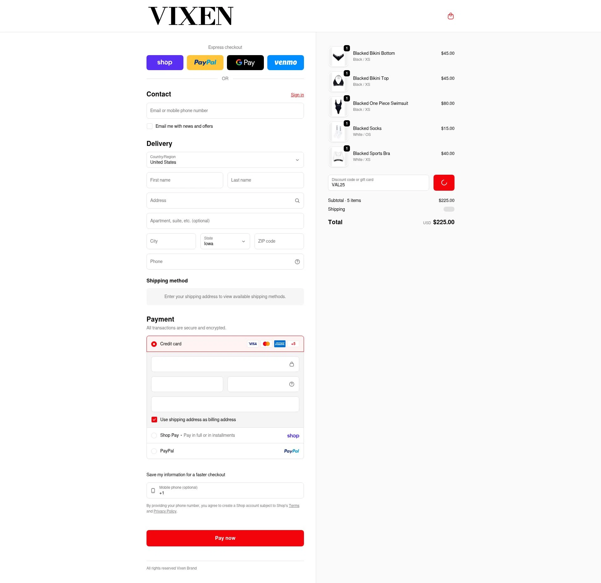 Vixen Brand checkout page showing Vixen Brand promo code box | Screenshot taken by SimplyCodes community member on Feb 7, 2026