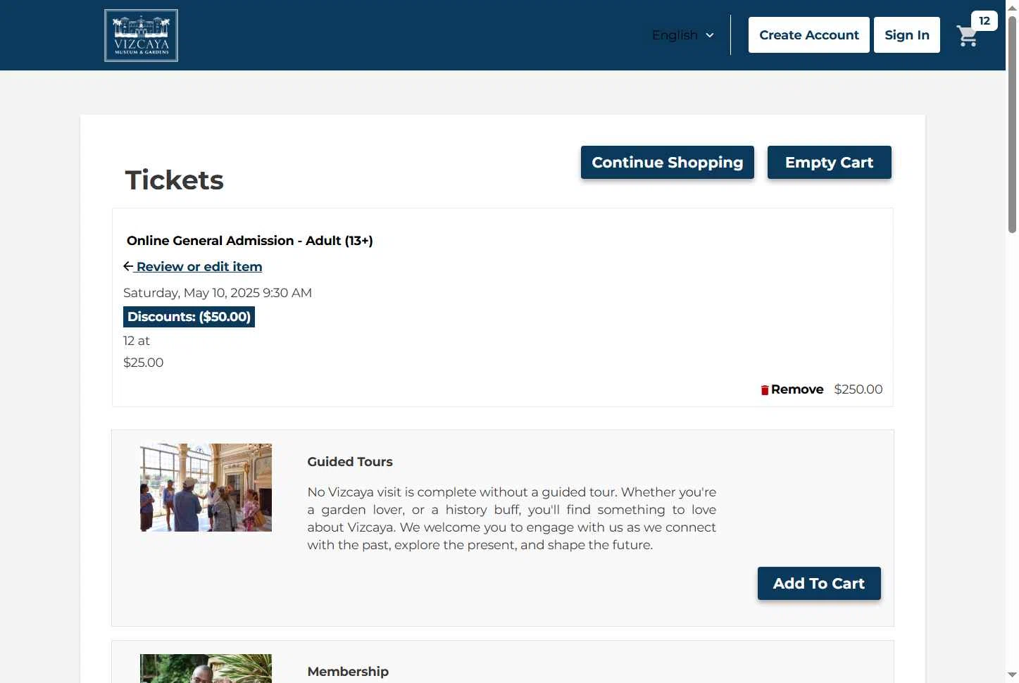 Vizcaya Museum & Gardens checkout page showing Vizcaya Museum & Gardens discount code box | Screenshot taken by SimplyCodes community member on May 10, 2025