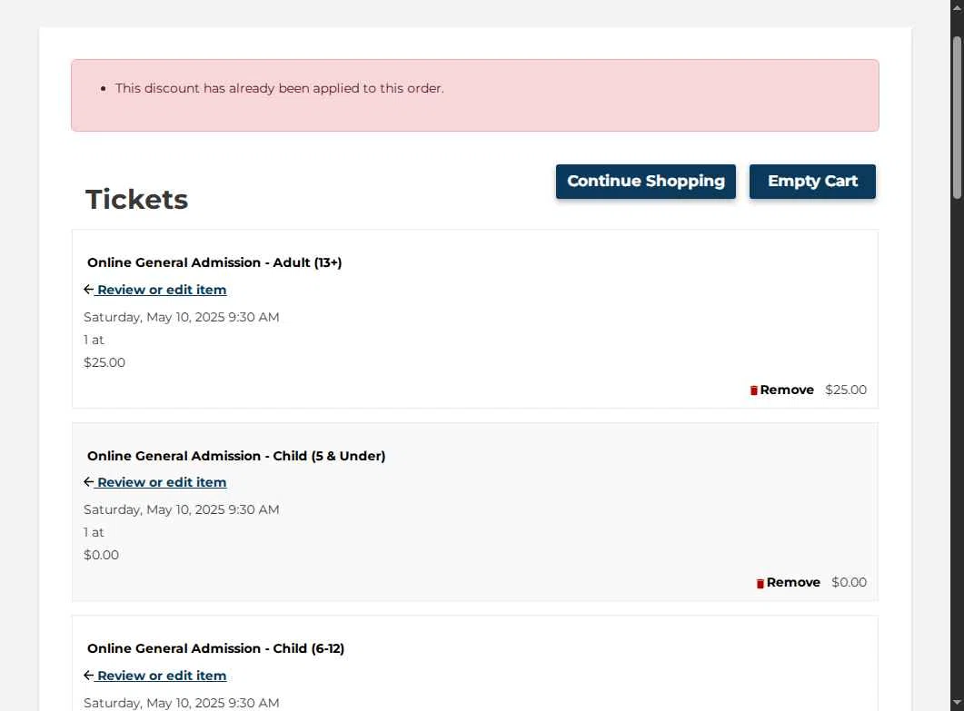 Vizcaya Museum & Gardens checkout page showing Vizcaya Museum & Gardens discount code box | Screenshot taken by SimplyCodes community member on May 10, 2025