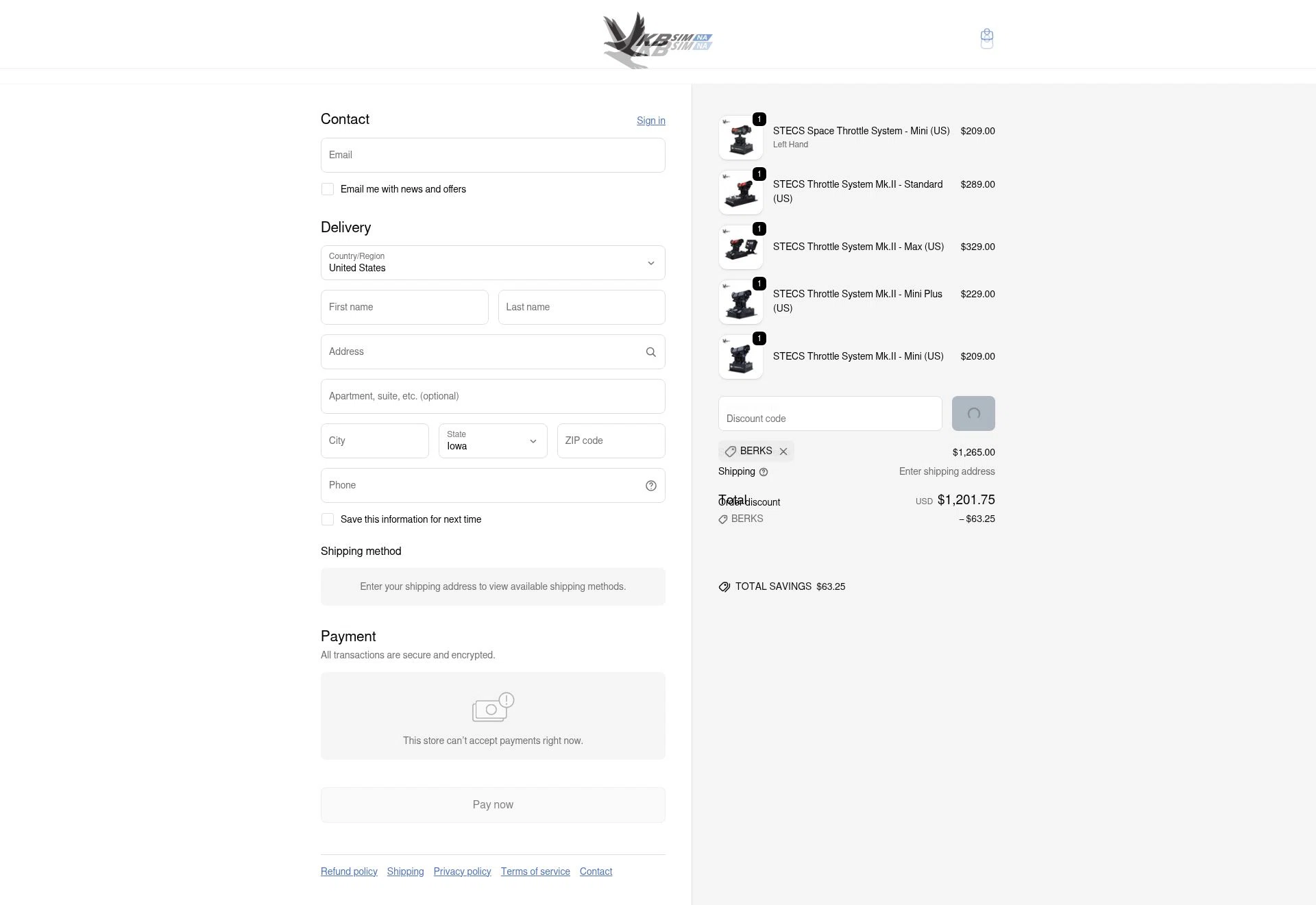 VKB-Sim North America checkout page showing VKB-Sim North America promo code box | Screenshot taken by SimplyCodes community member on Feb 14, 2026