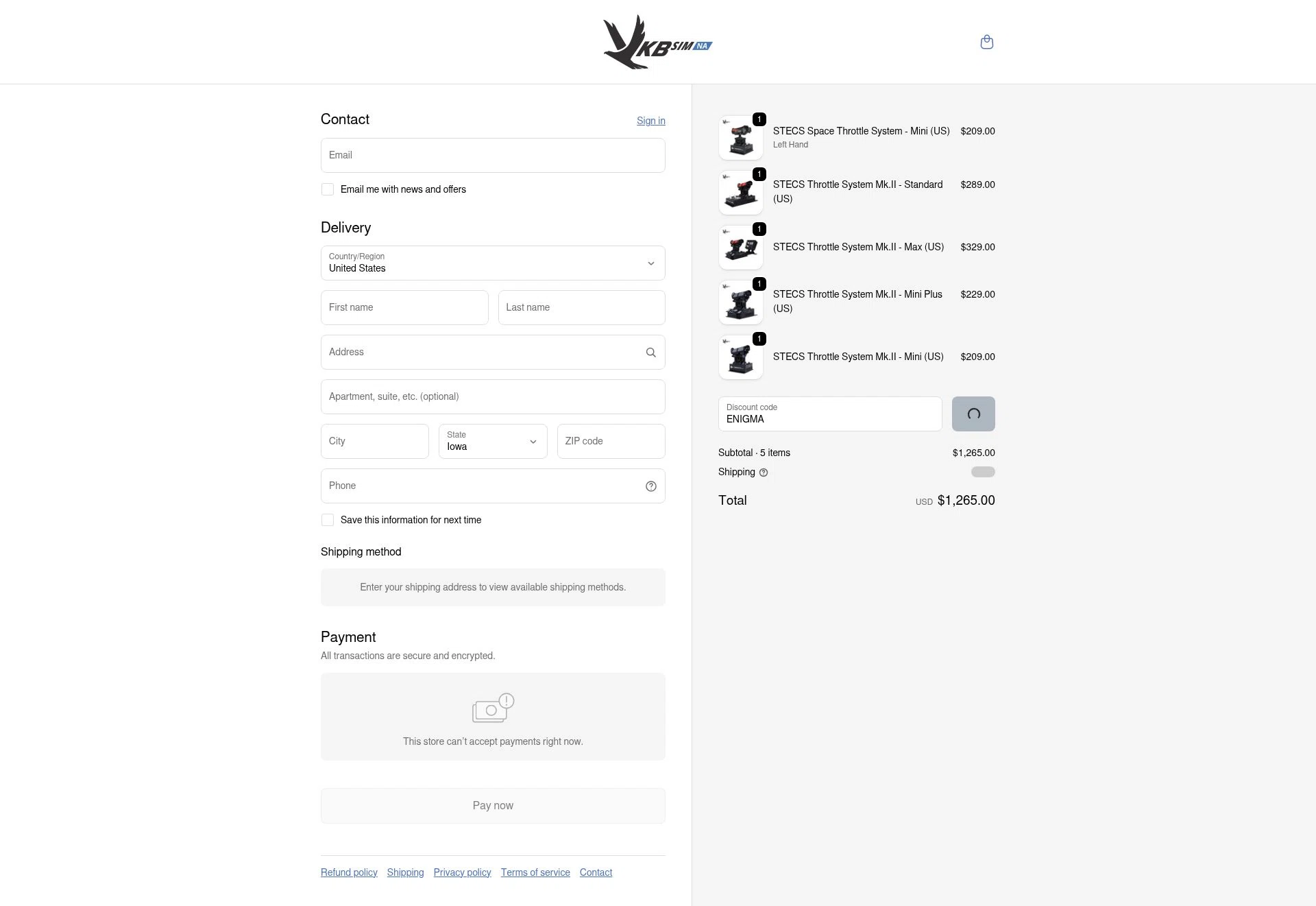VKB-Sim North America checkout page showing VKB-Sim North America promo code box | Screenshot taken by SimplyCodes community member on Feb 14, 2026
