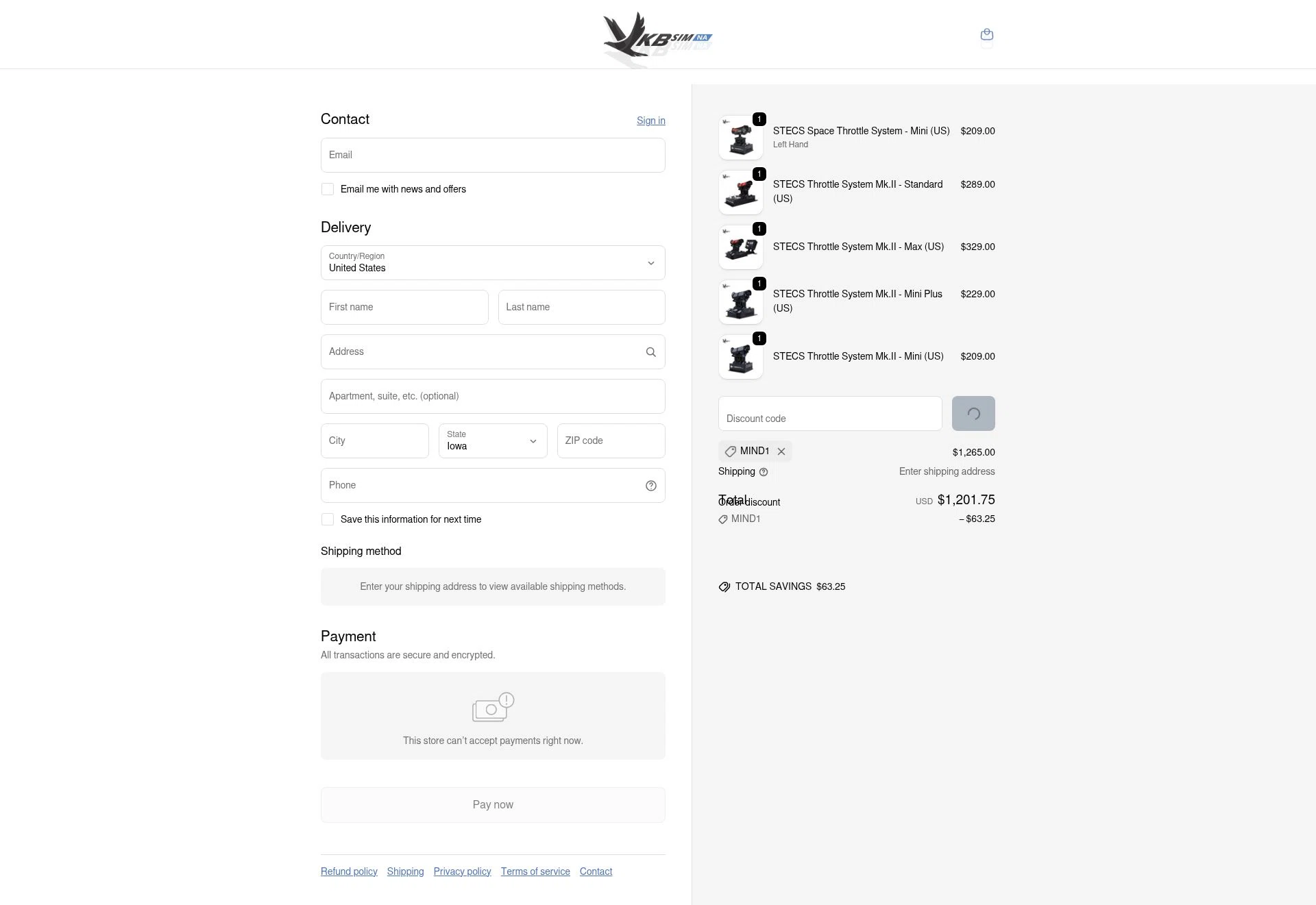 VKB-Sim North America checkout page showing VKB-Sim North America promo code box | Screenshot taken by SimplyCodes community member on Feb 14, 2026