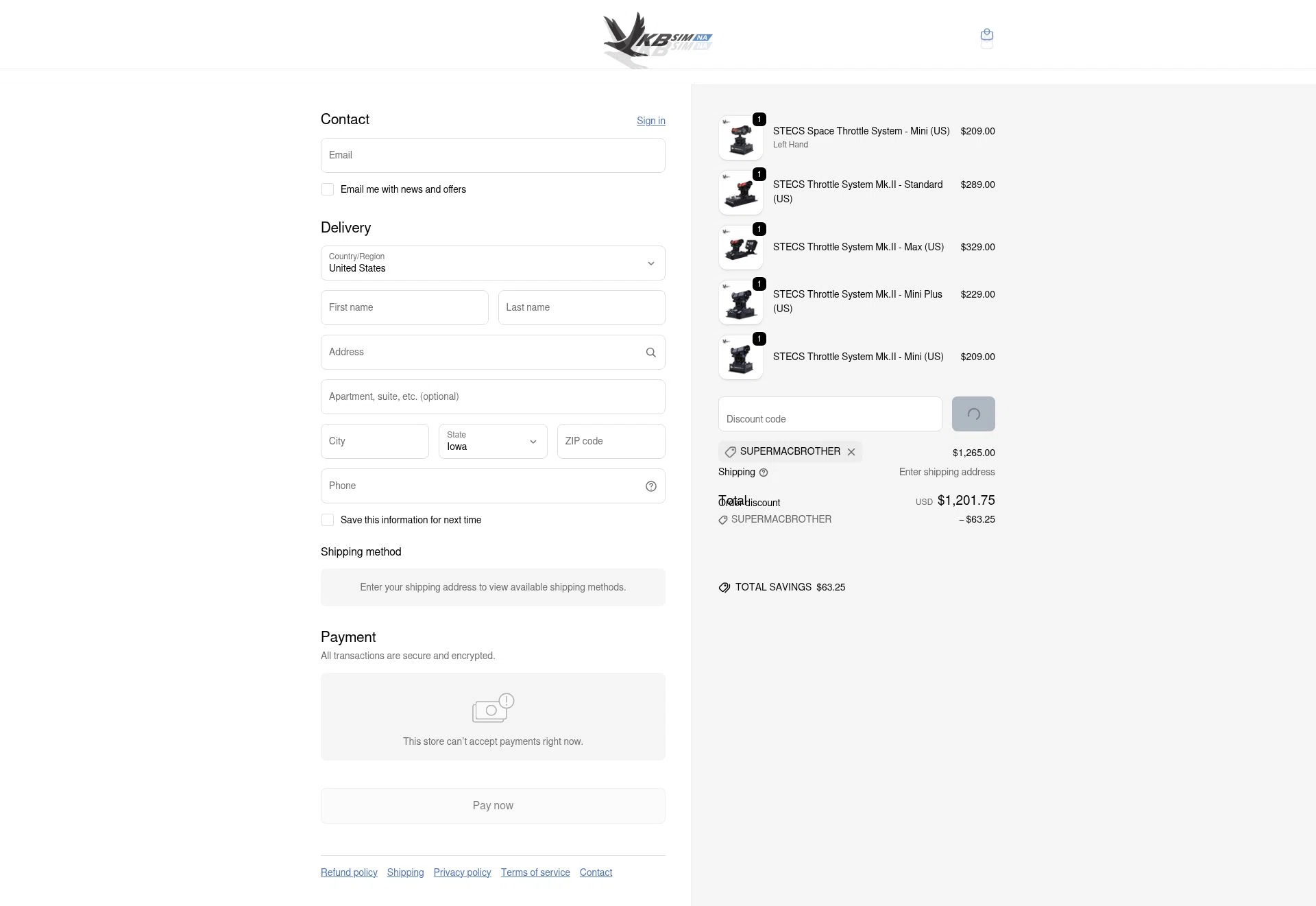 VKB-Sim North America checkout page showing VKB-Sim North America promo code box | Screenshot taken by SimplyCodes community member on Feb 14, 2026