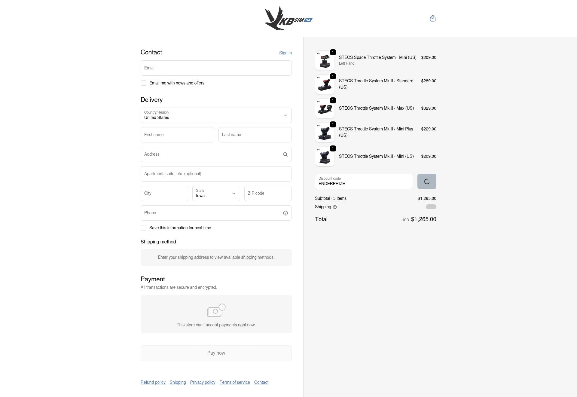 VKB-Sim North America checkout page showing VKB-Sim North America promo code box | Screenshot taken by SimplyCodes community member on Feb 14, 2026