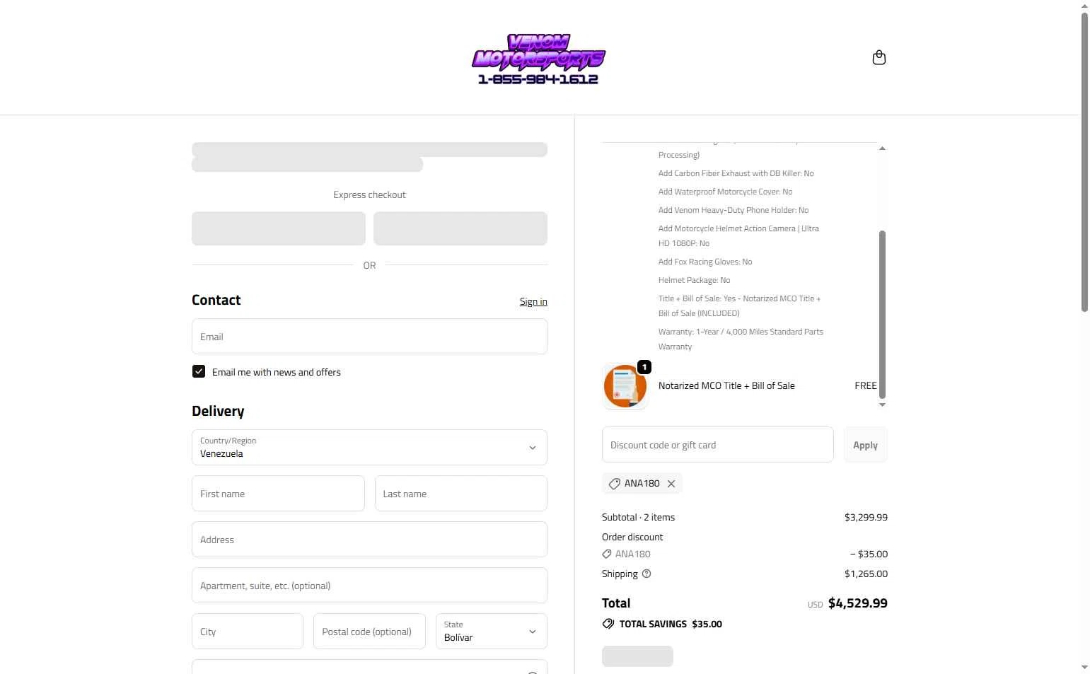 Venom Motorsports USA checkout page showing Venom Motorsports USA discount code box | Screenshot taken by SimplyCodes community member on Feb 10, 2026