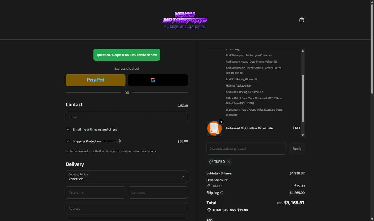 Venom Motorsports USA checkout page showing Venom Motorsports USA discount code box | Screenshot taken by SimplyCodes community member on Feb 10, 2026