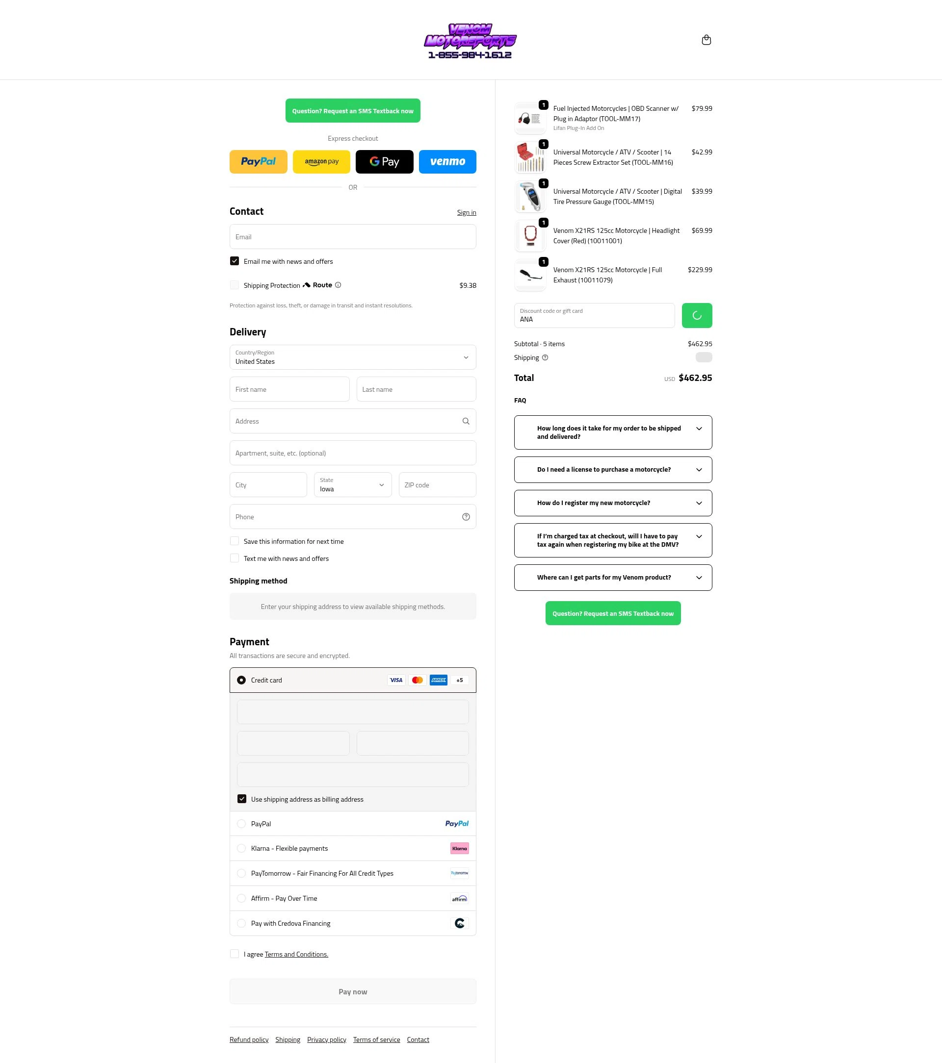 Venom Motorsports USA checkout page showing Venom Motorsports USA discount code box | Screenshot taken by SimplyCodes community member on Feb 10, 2026