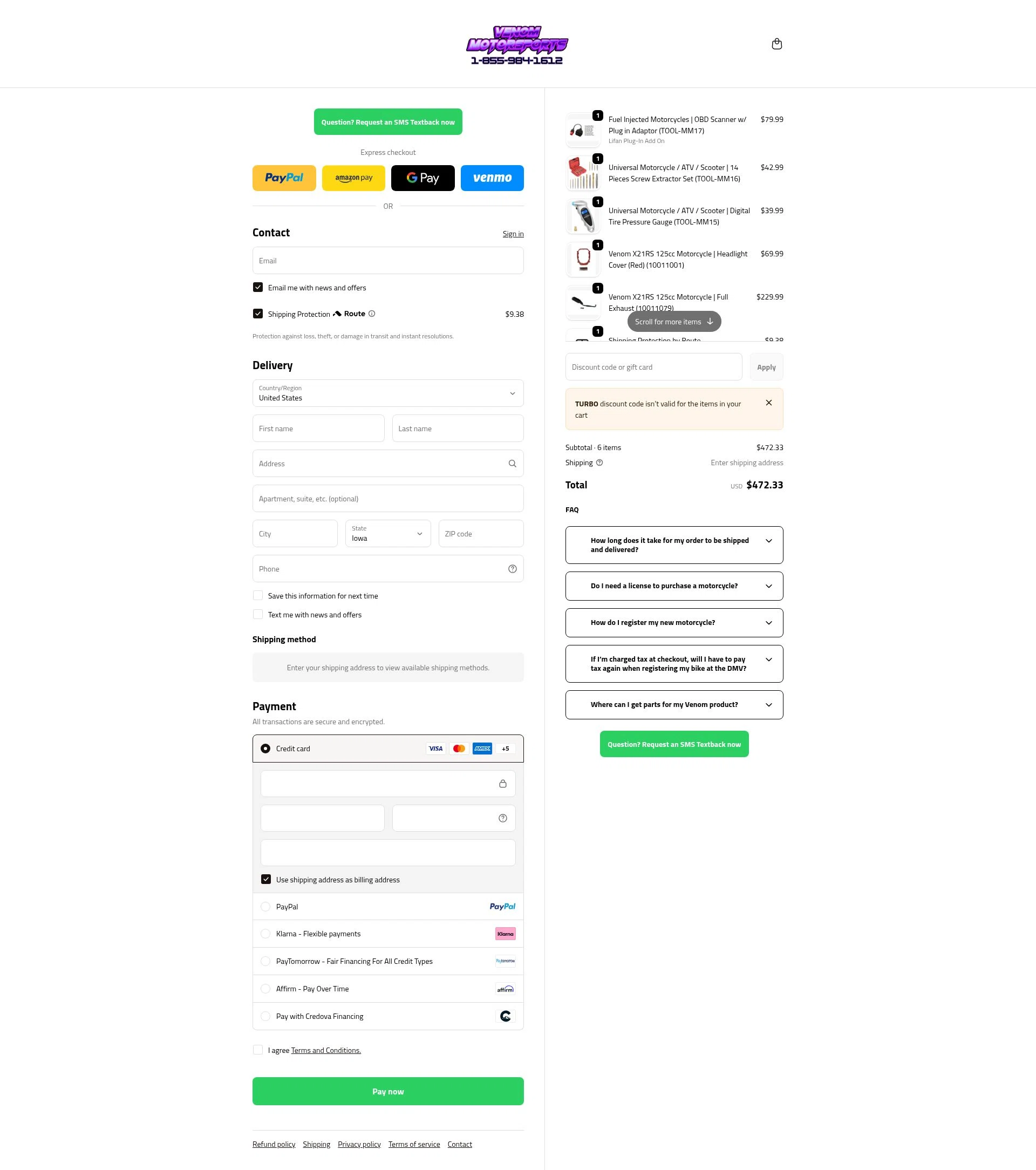 Venom Motorsports USA checkout page showing Venom Motorsports USA discount code box | Screenshot taken by SimplyCodes community member on Feb 10, 2026