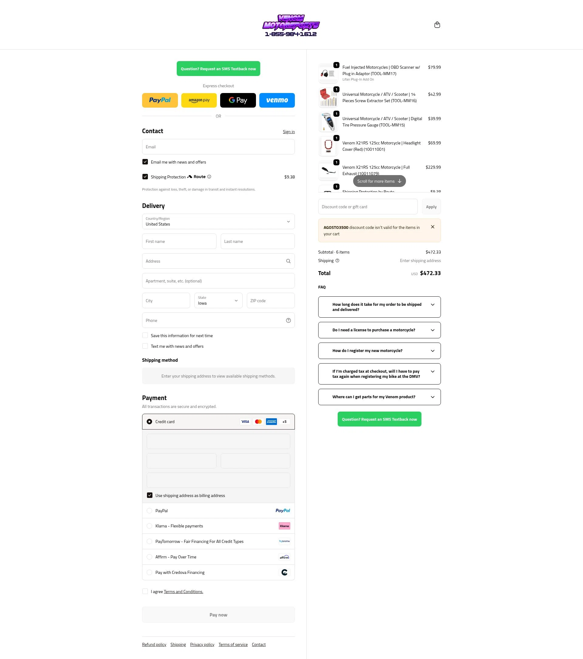 Venom Motorsports USA checkout page showing Venom Motorsports USA discount code box | Screenshot taken by SimplyCodes community member on Feb 10, 2026