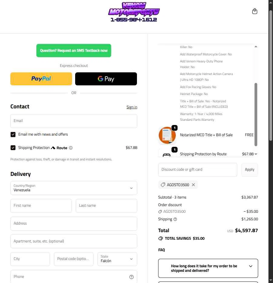 Venom Motorsports USA checkout page showing Venom Motorsports USA discount code box | Screenshot taken by SimplyCodes community member on Feb 10, 2026