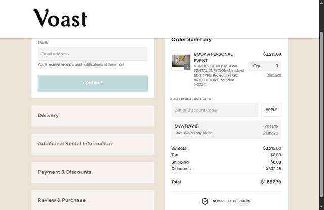 Voast checkout page showing Voast promo code box | Screenshot taken by SimplyCodes community member on May 1, 2025
