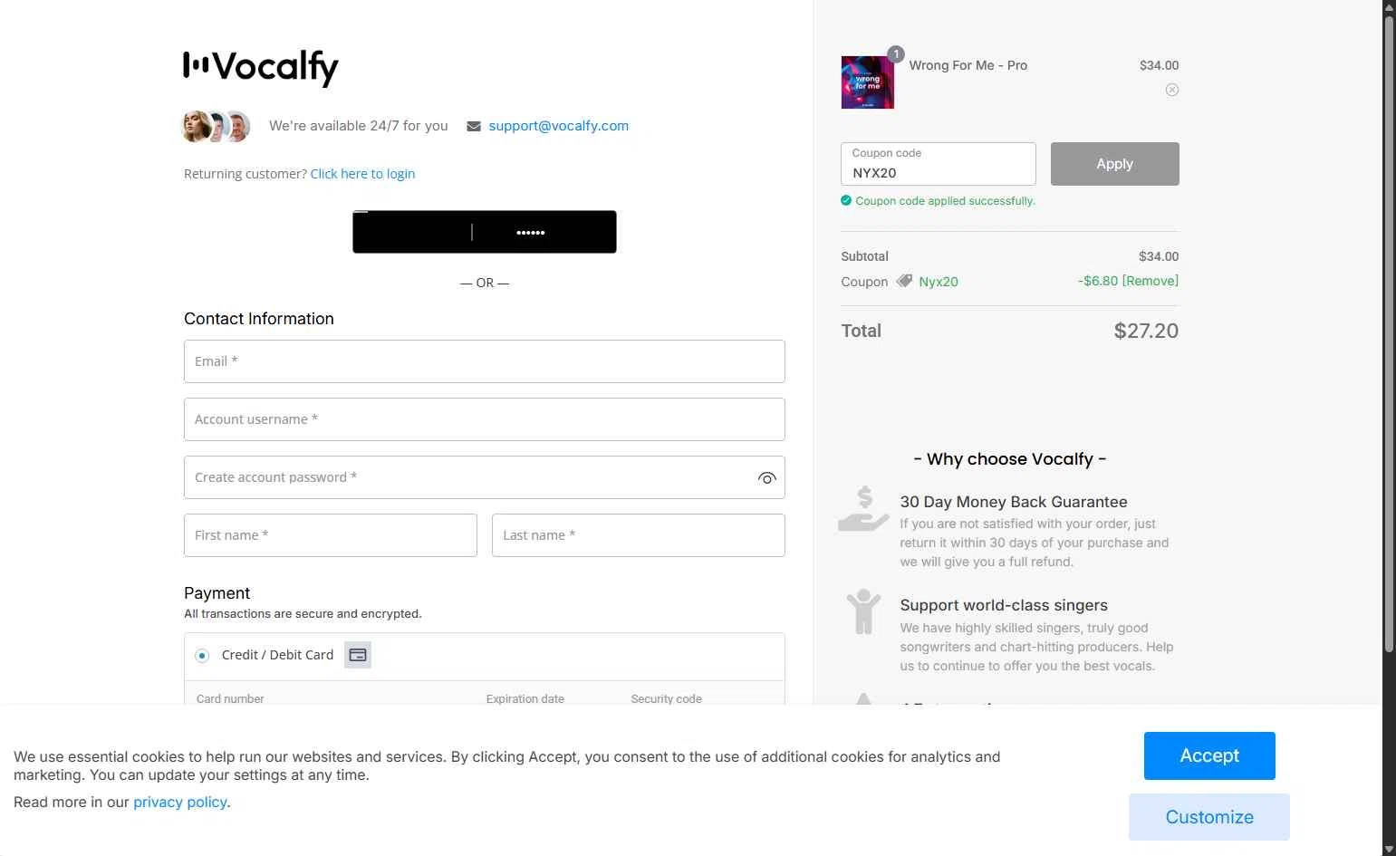 Vocalfy checkout page showing Vocalfy promo code box | Screenshot taken by SimplyCodes community member on Sep 25, 2025