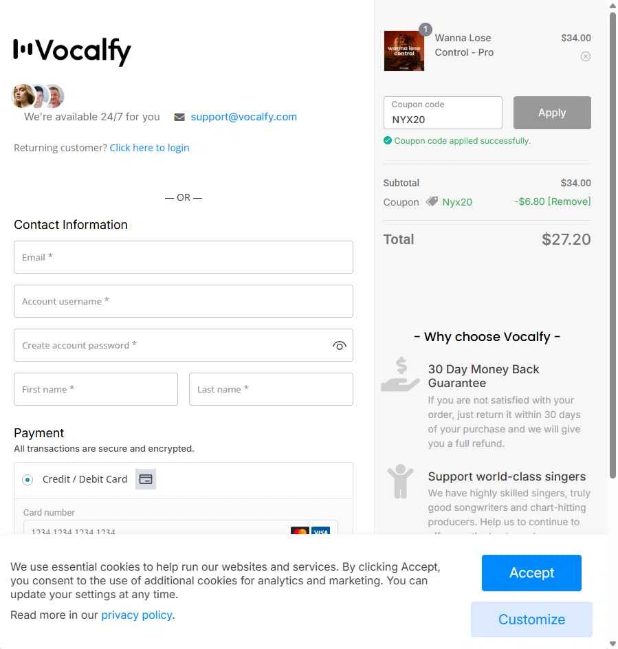 Vocalfy checkout page showing Vocalfy promo code box | Screenshot taken by SimplyCodes community member on Nov 28, 2025