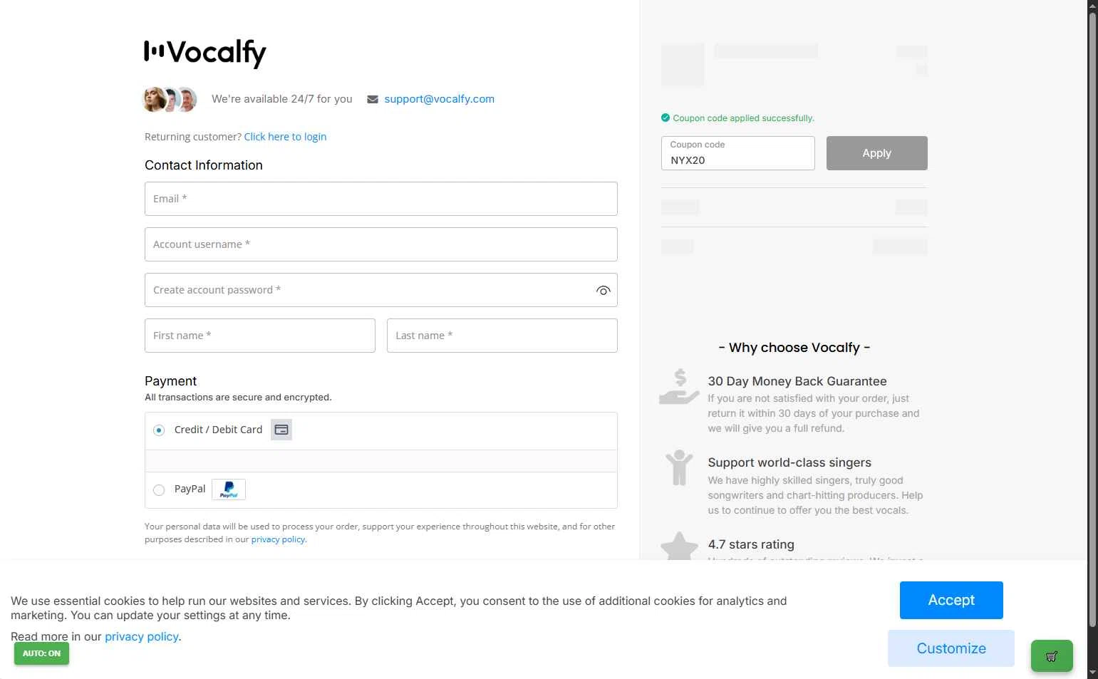 Vocalfy checkout page showing Vocalfy promo code box | Screenshot taken by SimplyCodes community member on Dec 24, 2025