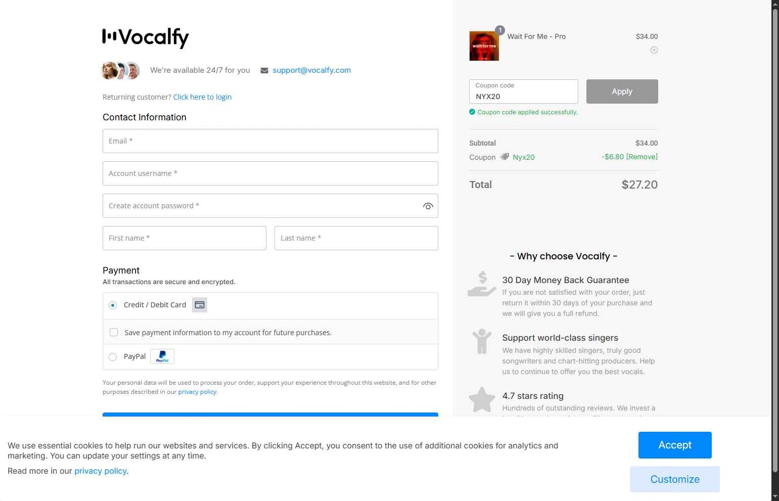 Vocalfy checkout page showing Vocalfy promo code box | Screenshot taken by SimplyCodes community member on Aug 27, 2025