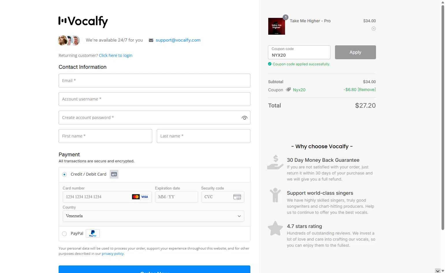 Vocalfy checkout page showing Vocalfy promo code box | Screenshot taken by SimplyCodes community member on Oct 16, 2025