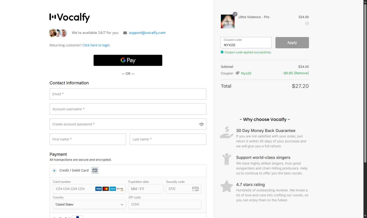Vocalfy checkout page showing Vocalfy promo code box | Screenshot taken by SimplyCodes community member on Jan 26, 2026