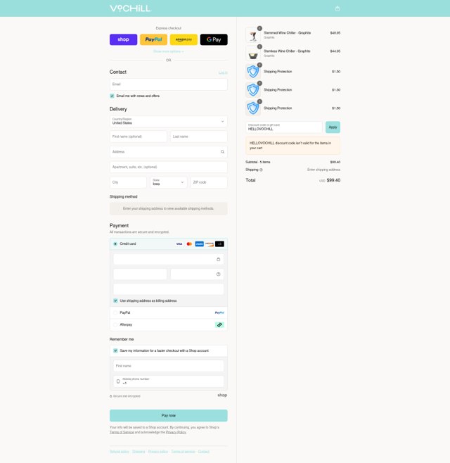 VoChill checkout page showing VoChill discount code box | Screenshot taken by SimplyCodes community member on Aug 28, 2025