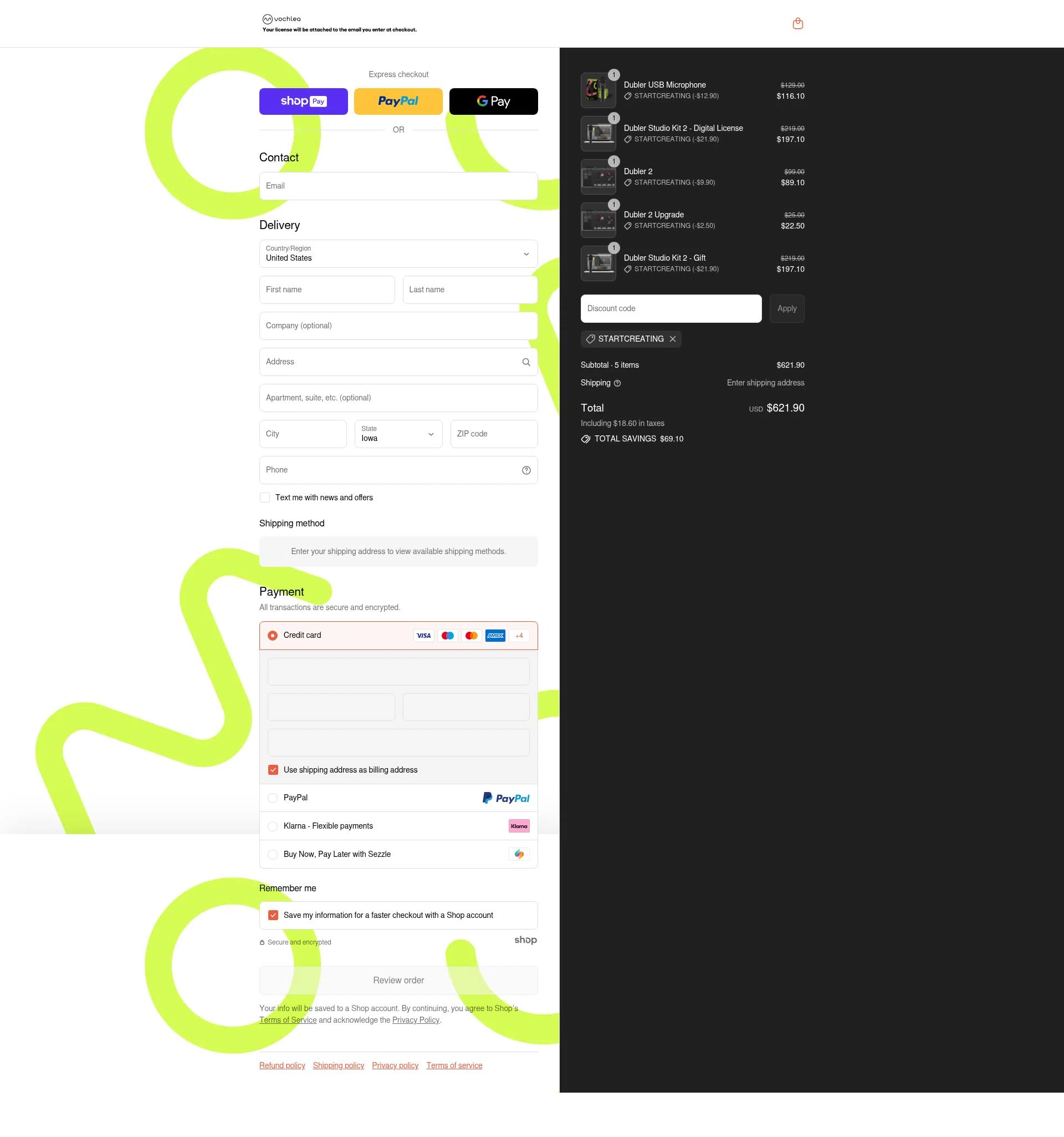 Vochlea Music checkout page showing Vochlea Music promo code box | Screenshot taken by SimplyCodes community member on Jul 17, 2025