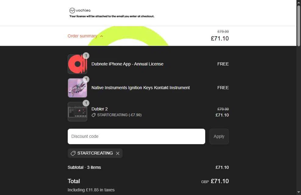 Vochlea Music checkout page showing Vochlea Music promo code box | Screenshot taken by SimplyCodes community member on Jun 5, 2025