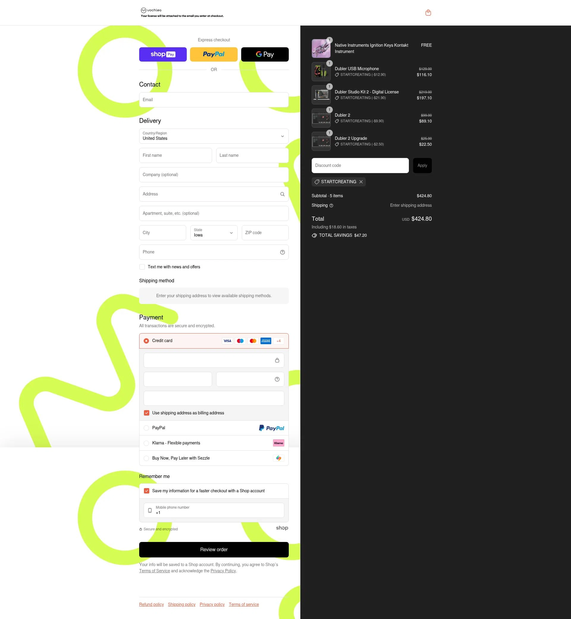 Vochlea Music checkout page showing Vochlea Music promo code box | Screenshot taken by SimplyCodes community member on Jul 13, 2025