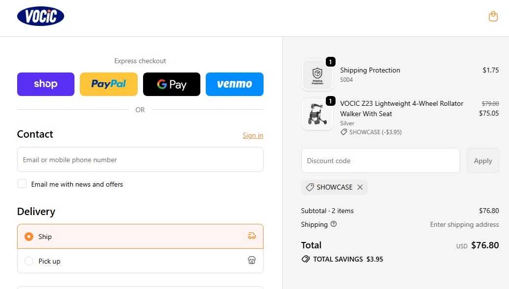 VOCIC promo code screenshot showing code SHOWCASE applied at VOCIC checkout page. Uploaded by SimplyCodes community member WiseTitan5941 on Nov 24, 2025