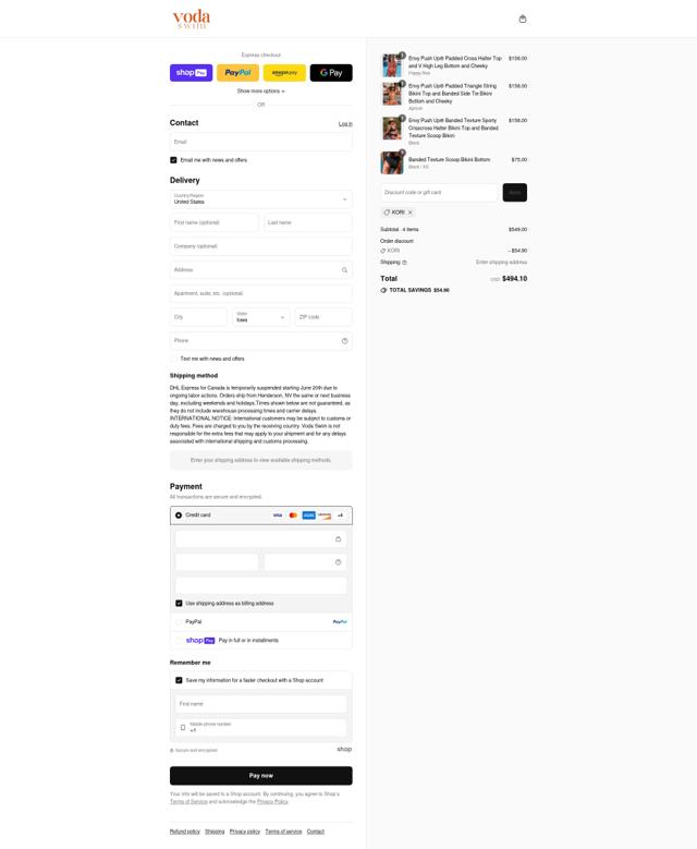 Voda Swim checkout page showing Voda Swim discount code box | Screenshot taken by SimplyCodes community member on Aug 13, 2025