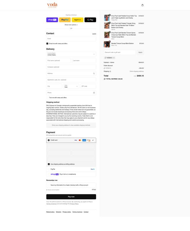 Voda Swim checkout page showing Voda Swim discount code box | Screenshot taken by SimplyCodes community member on Aug 13, 2025