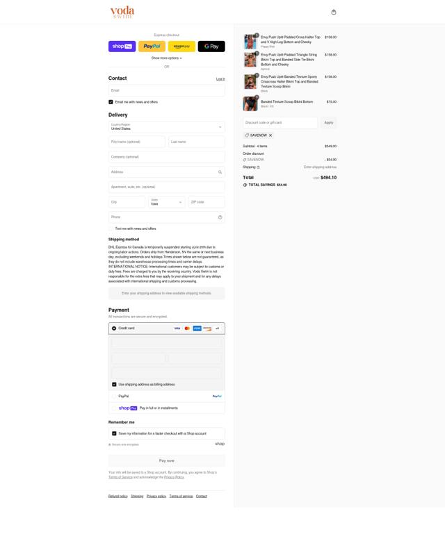 Voda Swim checkout page showing Voda Swim discount code box | Screenshot taken by SimplyCodes community member on Aug 13, 2025