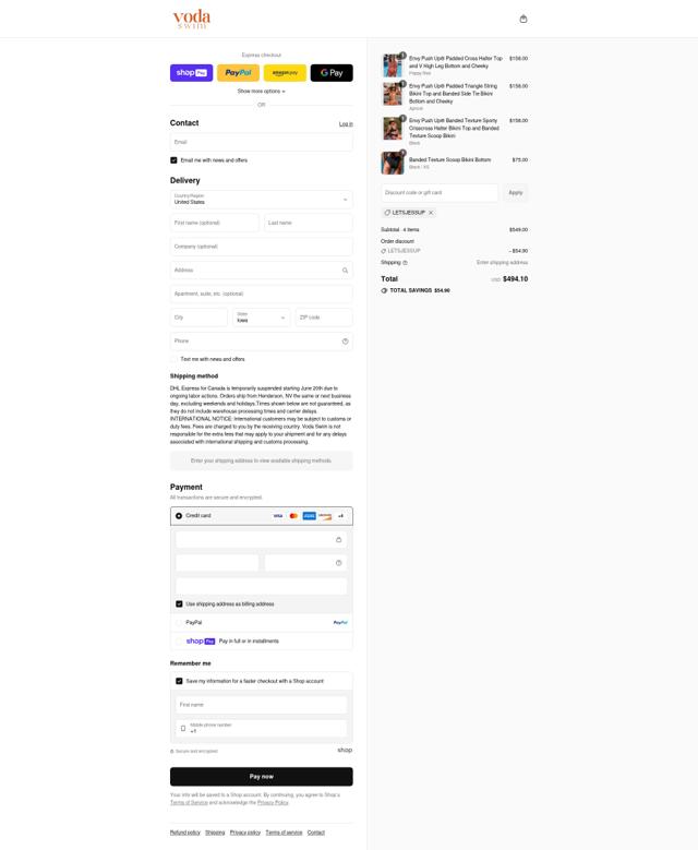 Voda Swim checkout page showing Voda Swim discount code box | Screenshot taken by SimplyCodes community member on Aug 13, 2025