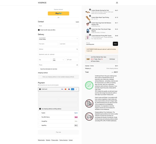 VOGRACE checkout page showing VOGRACE discount code box | Screenshot taken by SimplyCodes community member on Sep 4, 2025