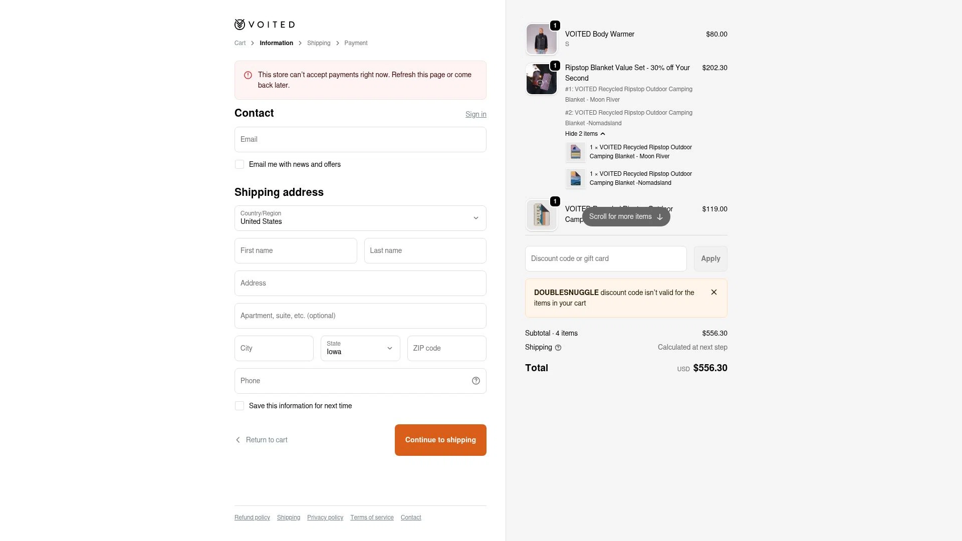 Voited checkout page showing Voited discount code box | Screenshot taken by SimplyCodes community member on Jan 1, 2026