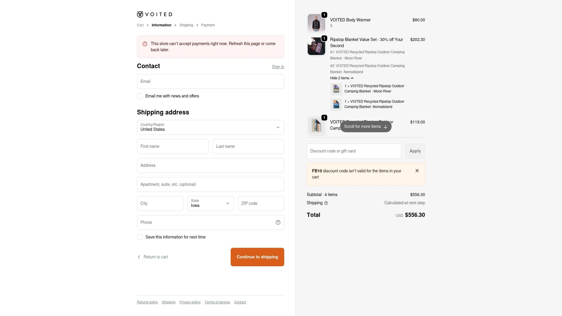 Voited checkout page showing Voited discount code box | Screenshot taken by SimplyCodes community member on Jan 1, 2026
