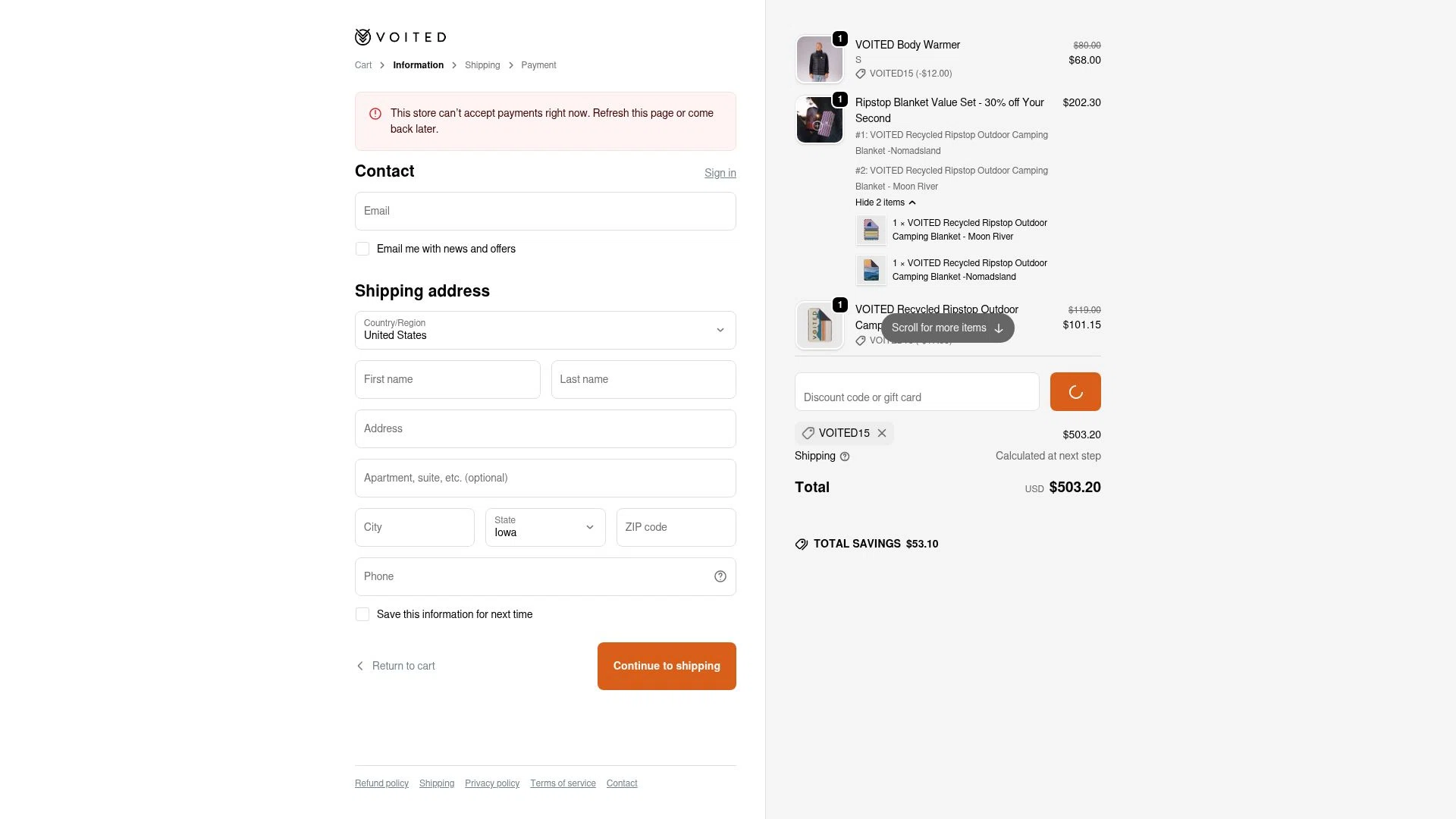 Voited checkout page showing Voited discount code box | Screenshot taken by SimplyCodes community member on Jan 7, 2026