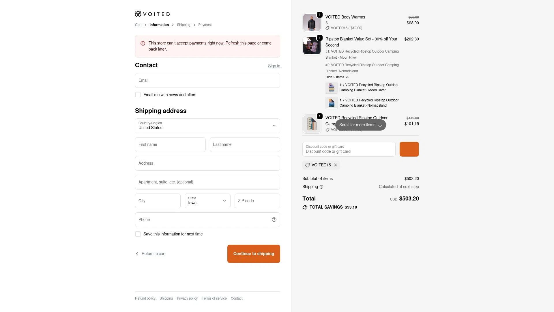 Voited checkout page showing Voited discount code box | Screenshot taken by SimplyCodes community member on Jan 1, 2026