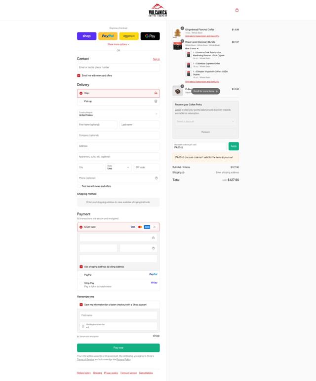 Volcanica Coffee checkout page showing Volcanica Coffee coupon code box | Screenshot taken by SimplyCodes community member on Sep 15, 2025