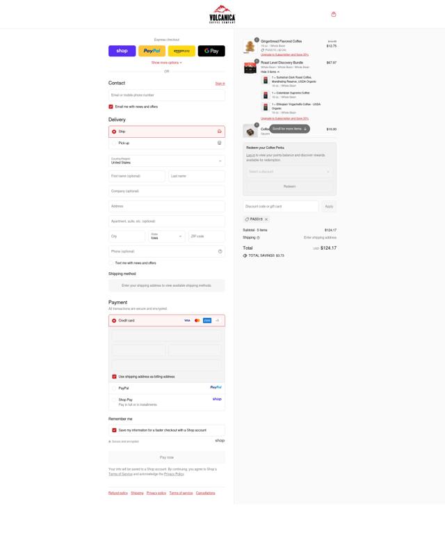 Volcanica Coffee checkout page showing Volcanica Coffee coupon code box | Screenshot taken by SimplyCodes community member on Sep 15, 2025