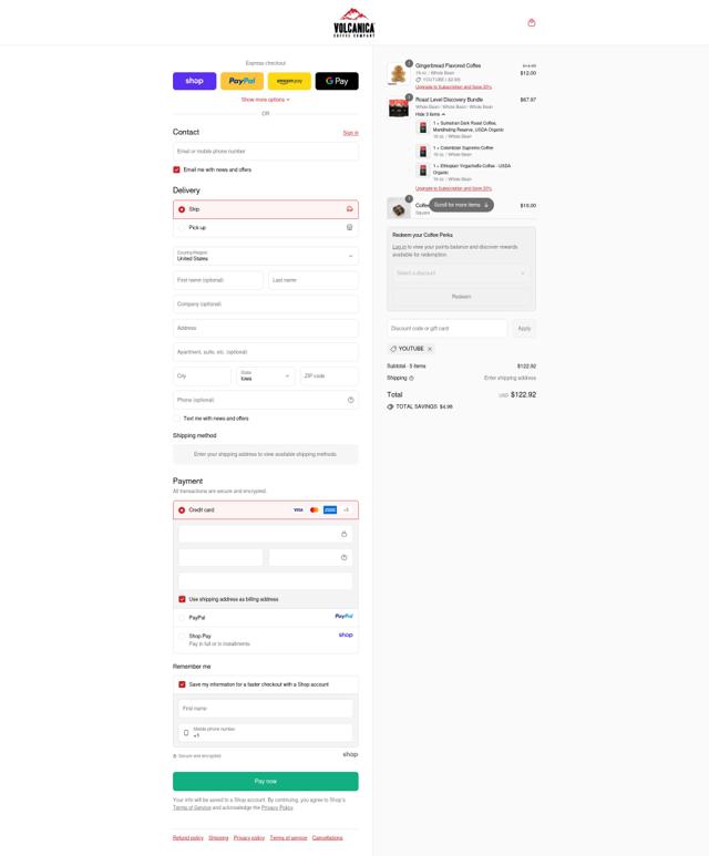 Volcanica Coffee checkout page showing Volcanica Coffee coupon code box | Screenshot taken by SimplyCodes community member on Sep 15, 2025