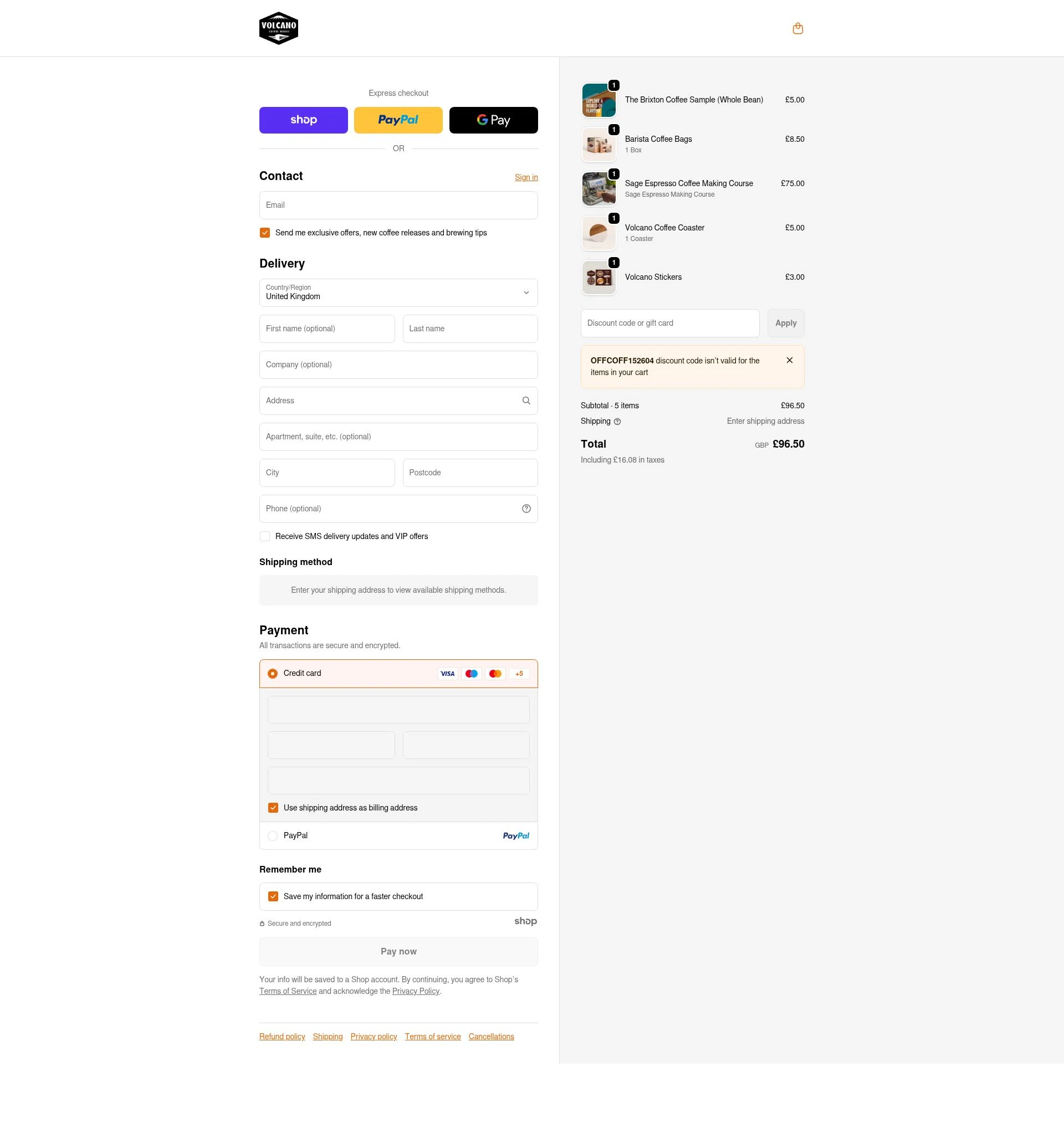 Volcano Coffee Works checkout page showing Volcano Coffee Works discount code box | Screenshot taken by SimplyCodes community member on Jan 2, 2026