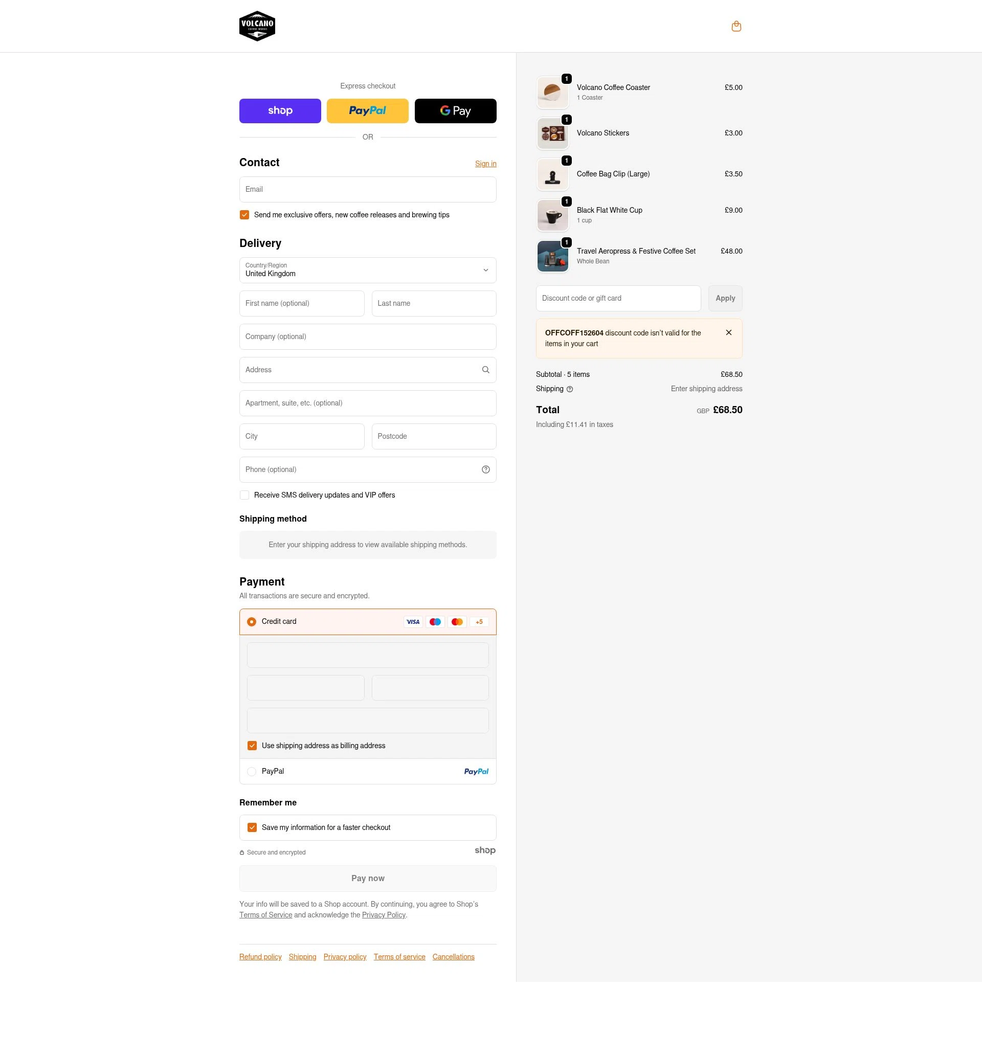 Volcano Coffee Works checkout page showing Volcano Coffee Works discount code box | Screenshot taken by SimplyCodes community member on Dec 28, 2025