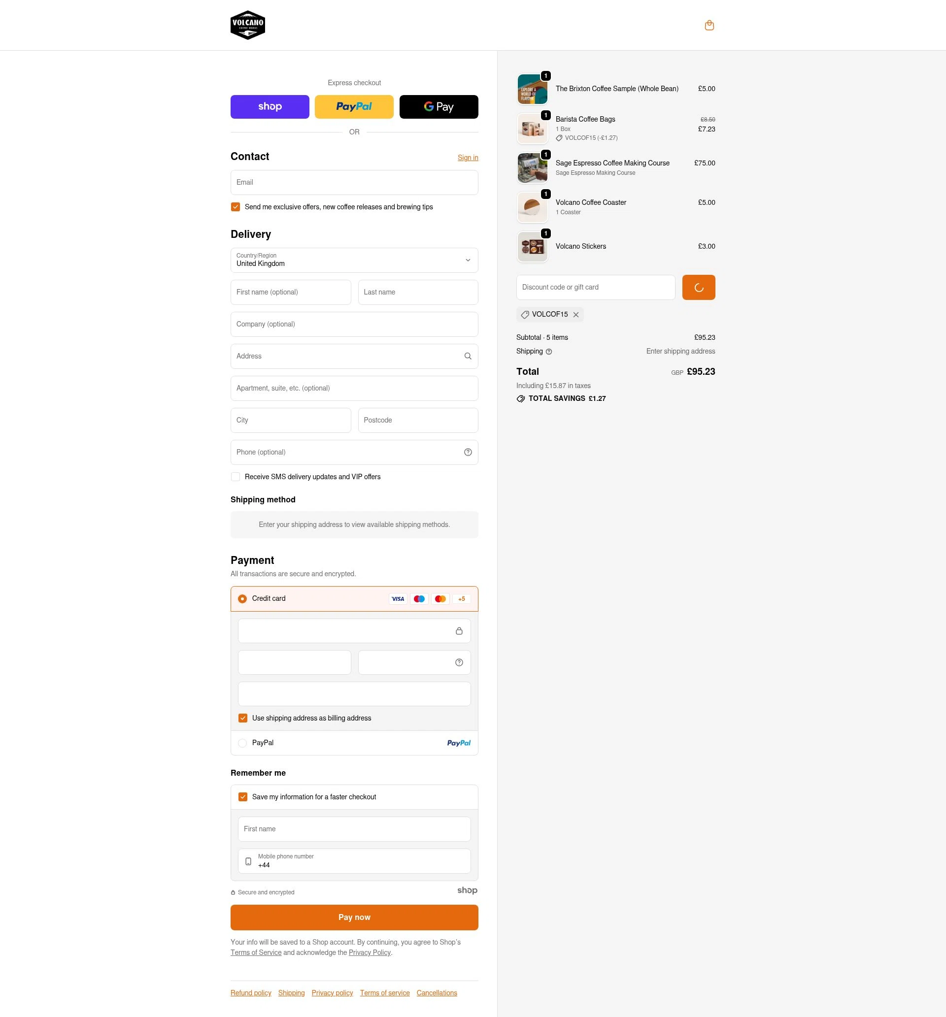 Volcano Coffee Works checkout page showing Volcano Coffee Works discount code box | Screenshot taken by SimplyCodes community member on Jan 2, 2026